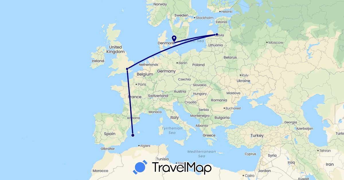 TravelMap itinerary: driving in Denmark, Spain, United Kingdom, Latvia (Europe)